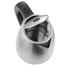 Stainless steel electric kettle with open lid and black top cover, viewing interior.