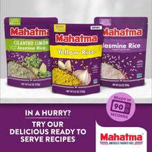 Three rice pouches showing jasmine rice, yellow rice, and cilantro lime rice