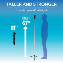 Extendable tripod with universal phone mount and three legs, reaching tall height