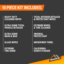 10-piece car detailing kit list graphic featuring interior, wheel, glass, and towel