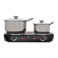 Black double-burner electric cooktop with two kettles on coil heating plates