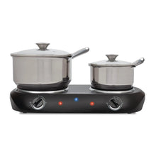Black electric double-burner cooktop with two burners and two covered pots.