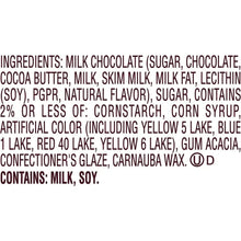 Ingredients list for milk chocolate candy eggs, including sugar and soy lecithin