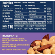 PLANTERS nutrition facts panel and ingredients list for salted mixed nuts