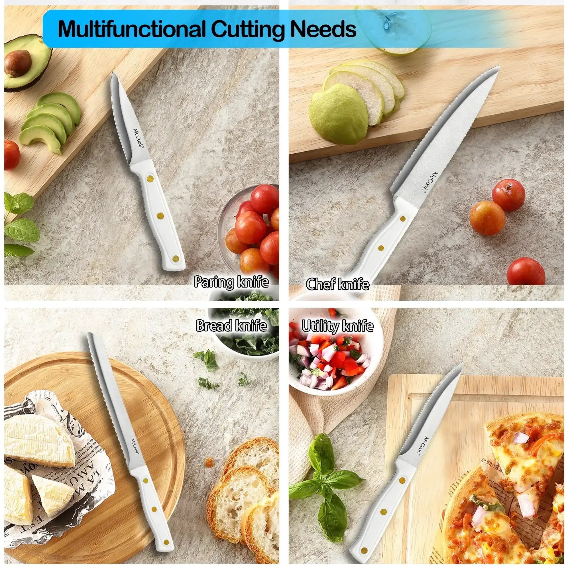 McCook DISHWASHER SAFE MC701 Knife Sets of 26, Stainless Steel Kitchen Knives Block Set with Built-in Knife Sharpener, Measuring Cups and Spoons - USA MEGA SHOP