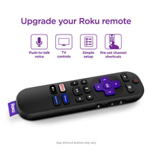 Black Roku voice remote with purple center navigation and shortcut buttons