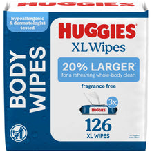 Huggies XL unscented wipes, 126 count, blue and white pack front view