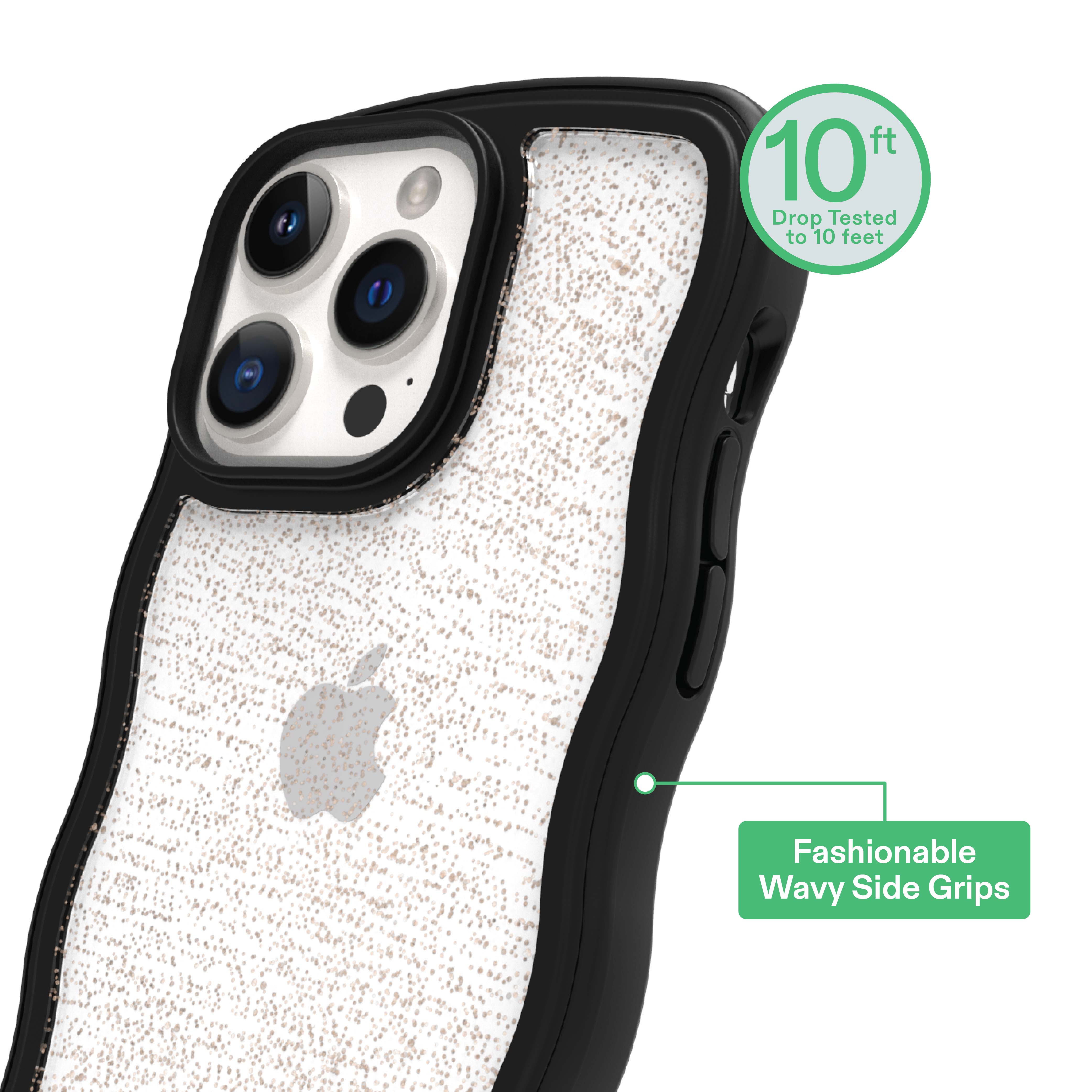 onn Wavy Grip Phone Case for iPhone 14 Pro Max / iPhone 13 Pro Max / iPhone 12 Pro Max - Black/Gold Glitter