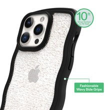 Black and glitter phone case with wavy grips, Apple logo, and camera openings