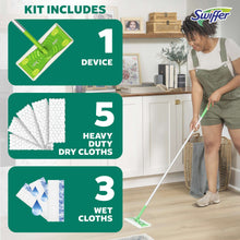 Swiffer sweep-and-mop kit components: green handle, mop head, dry and wet cloths