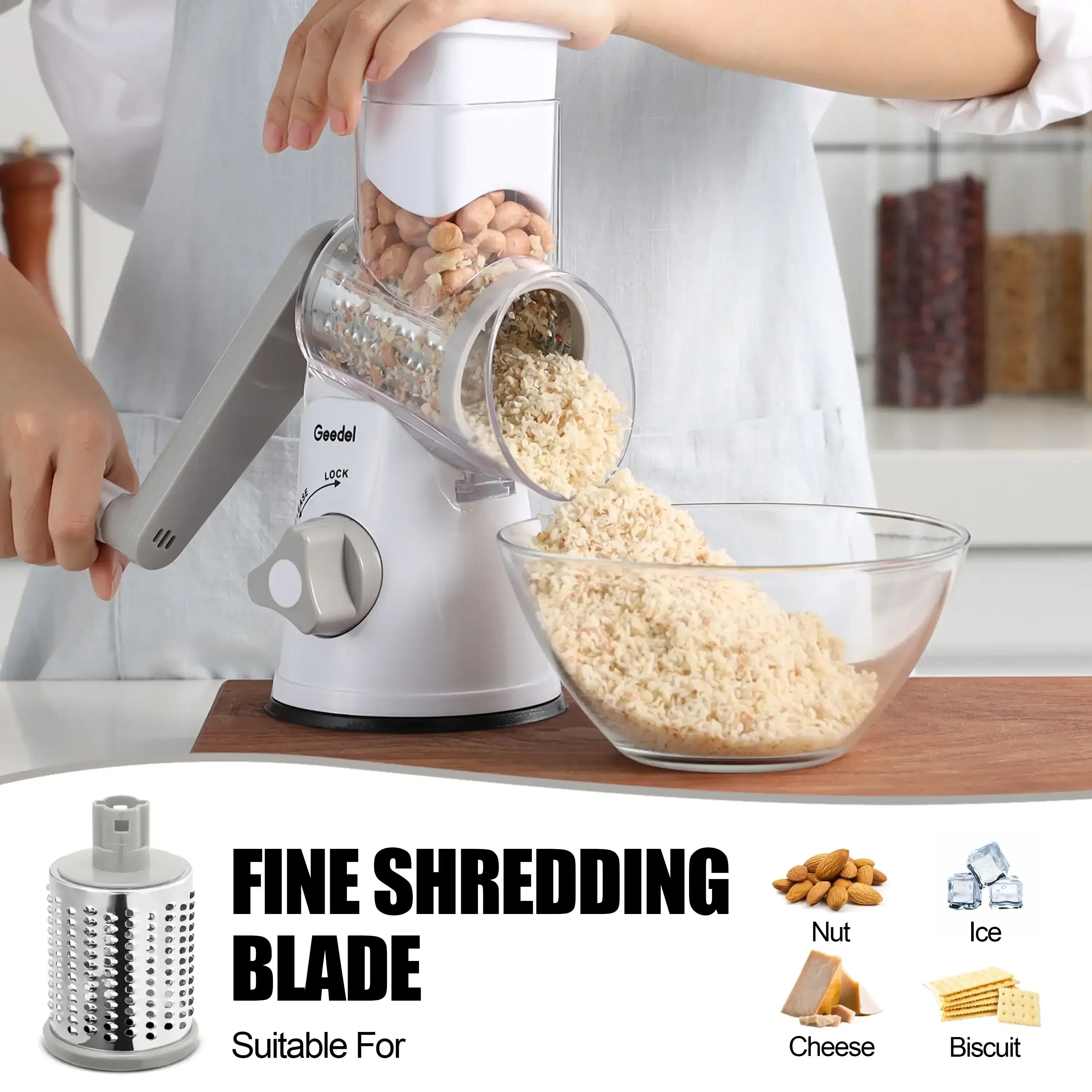 Geedel Rotary Cheese Grater, Kitchen Grater Vegetable Slicer with 3 Interchangeable Blades, Powerful Suction, Dishwasher Safe, Easy to Clean Grater for Vegetable, Fruit, Nuts - USA MEGA SHOP