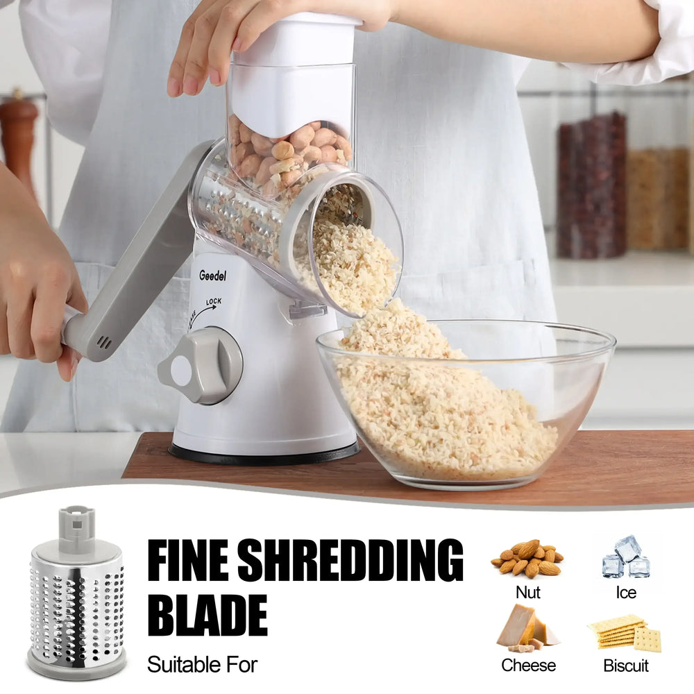 Geedel Rotary Cheese Grater, Kitchen Grater Vegetable Slicer with 3 Interchangeable Blades, Powerful Suction, Dishwasher Safe, Easy to Clean Grater for Vegetable, Fruit, Nuts - USA MEGA SHOP
