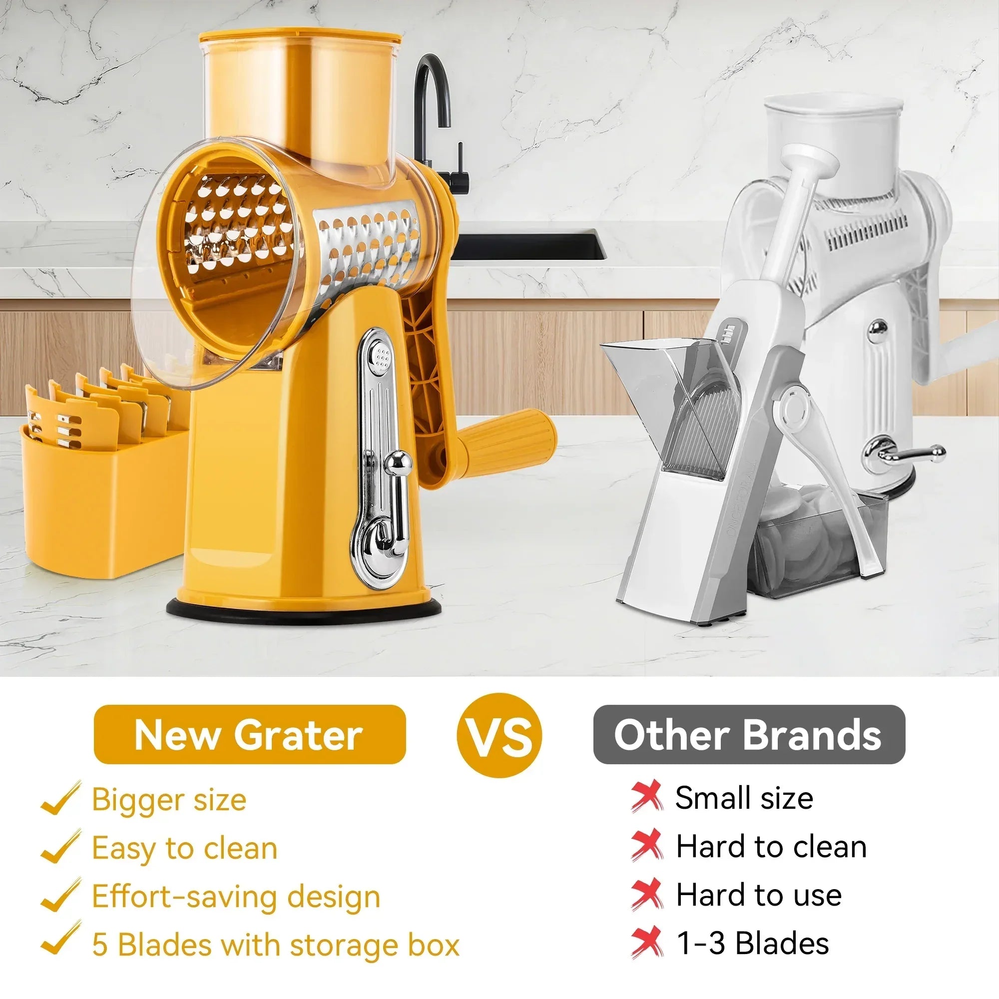 Pukomc Rotary Cheese Grater with Handle- 5 Blades, Suction Base, Mandoline Slicer & Veg Shredder with Blade Storage Box - USA MEGA SHOP