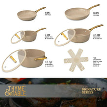 Ceramic nonstick cookware set size chart graphic with taupe pots, pans, and protectors