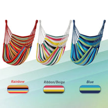Hanging hammock chair in three color options: rainbow, ribbed beige, and blue
