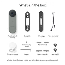 Doorbell kit contents: wired doorbell, base plate, wedge, and wire connector