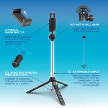 67 in extendable tripod with 360 metal ball head, universal phone holder, remote shutter