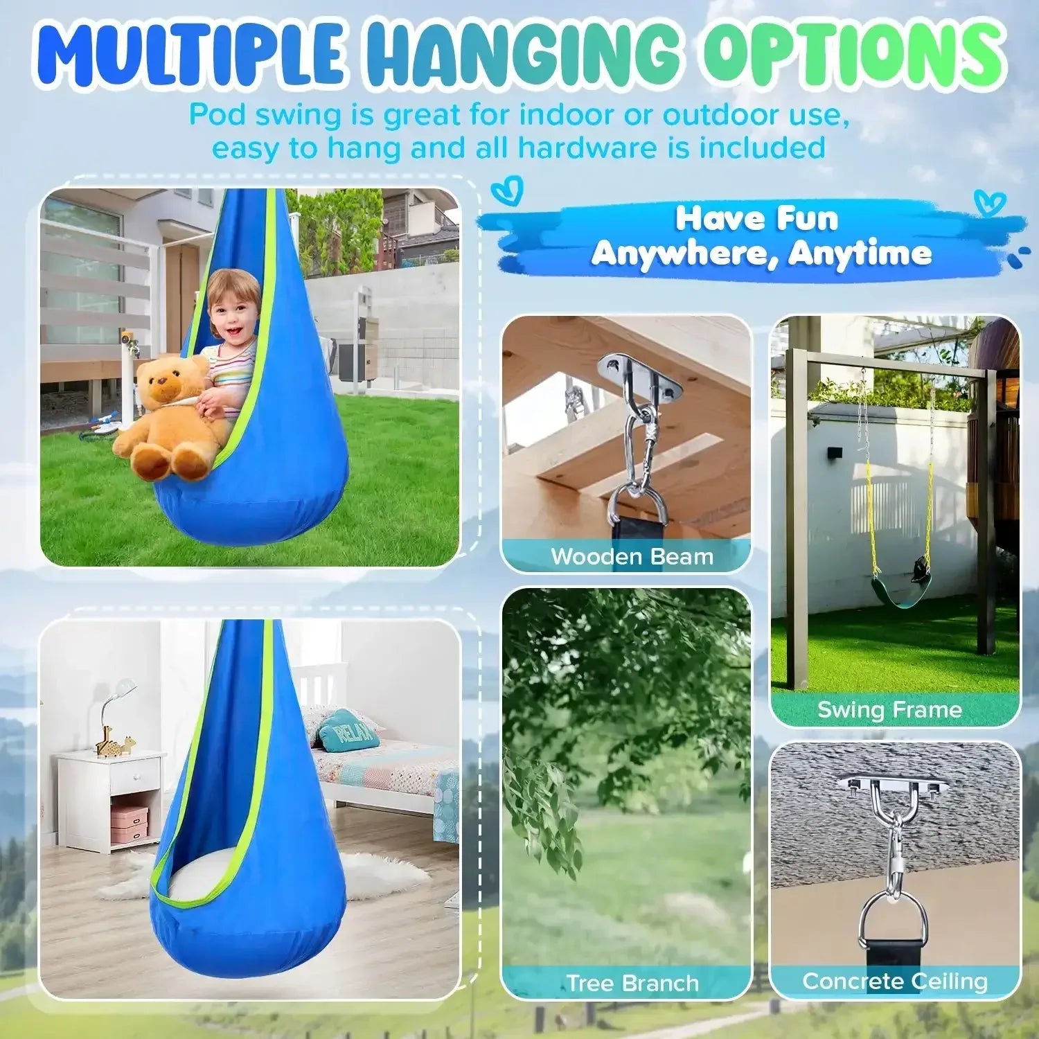 UQN Kids Pod Swing Seat, Light Up Hanging Hammock Chair with Inflatable Pillow, Indoor and Outdoor Toy Sensory Swing for kids, 100% Cotton Loading Capacity 176 lbs - USA MEGA SHOP