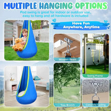 Blue hanging hammock swing seat for kids with multiple hanging options