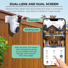 White outdoor security camera beside a smartphone showing a home preview