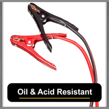 Booster cable clamps with red insulated lead and black insulated cable