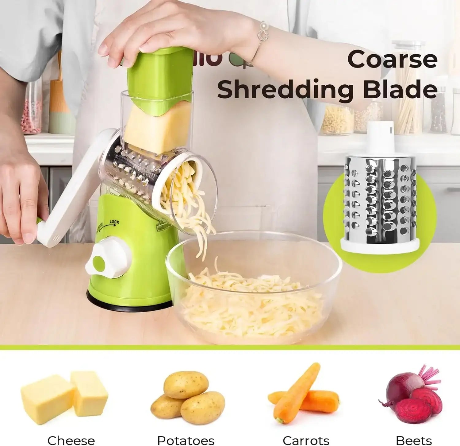 3 in 1 Cheese Grater Rotary, Cheese Shredder Grater for Kitchen Grater Slicer with 3 Replacement Blades, Potato Slicer Vegetable Chopper with Suction Base