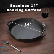 14 inch black cast iron frying pan with two loop handles
