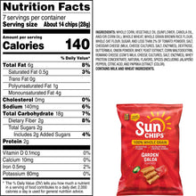 SunChips whole grain garden salsa snack chips bag, nutrition facts panel and serving size