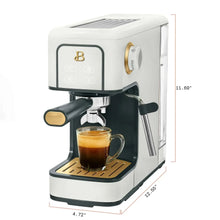 White espresso machine with steam wand and cup of espresso, product size view