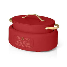 Red electric multi-cooker base with lid and control panel