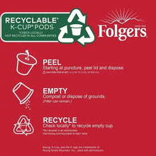 Folgers K-Cup recycling instructions panel with recyclable pods icon