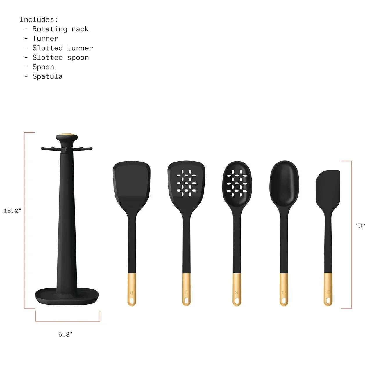 Beautiful 6-Piece Silicone Kitchen Utensil Tool Set with Rotating Rack, Black Sesame by Drew Barrymore