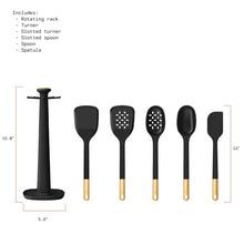 Black silicone kitchen utensil set with rotating rack and six included tools