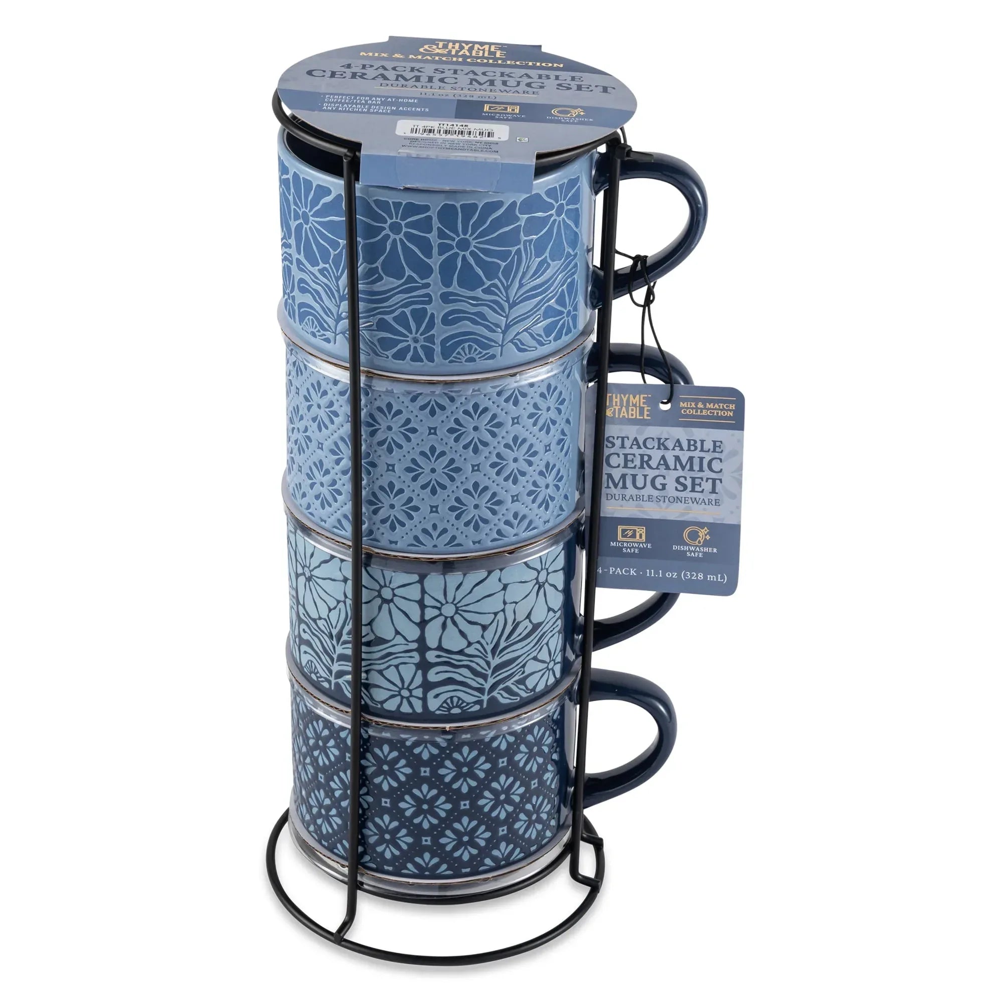 Thyme & Table 11.1 fl oz Blue Flowers and Blue Shapes Stoneware Stacking Mugs with Wire Rack, Set of 4
