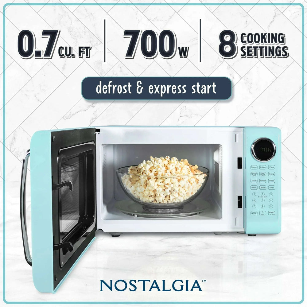 Nostalgia Retro Microwave Oven - 0.7 Cu Ft & 700-Watt Countertop Microwave with Glass Turntable, Child Safety Lock, 8 Auto-Cook Programs & Digital Clock - Aqua - USA MEGA SHOP