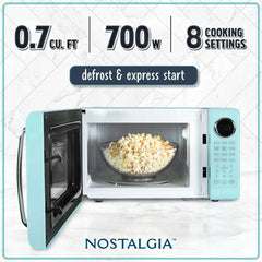 Nostalgia Retro Microwave Oven - 0.7 Cu Ft & 700-Watt Countertop Microwave with Glass Turntable, Child Safety Lock, 8 Auto-Cook Programs & Digital Clock - Aqua - USA MEGA SHOP