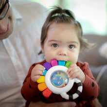 Octopus chillable rattle and teether with ring handle and blue animal face window