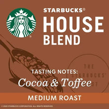 Starbucks House Blend coffee label: medium roast, cocoa and toffee notes