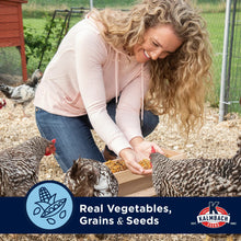 Person feeding chickens from a wooden board, with blue ingredient label overlay