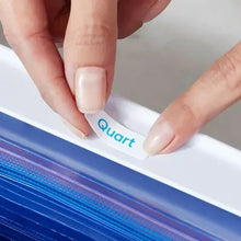 Food bag dispenser slot with 'Quart' label; hands insert a bag roll