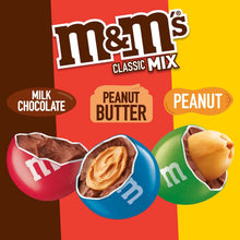 M&M's Classic Mix variety panel showing milk chocolate, peanut butter, and peanut