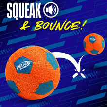 Orange and blue Nerf Dog squeak soccer ball with hex panel design.