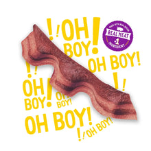 Maroon bacon-flavored dog treat strip with repeating OH BOY! graphics