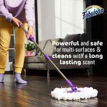 All-purpose floor cleaner bottle with mop and purple cleaning head, peach scent