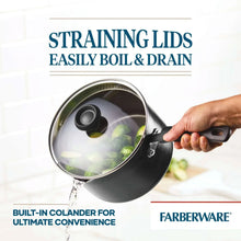 Straining lid over a nonstick sauce pan with built-in colander draining