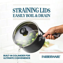 Black sauce pan with clear straining lid and built-in colander design