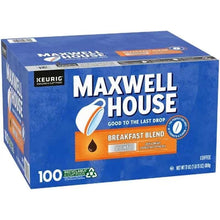 Maxwell House breakfast blend light roast 100 K-Cup coffee pod box, blue and orange
