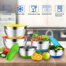 Stainless mixing bowls with colorful lids and fresh produce on the counter