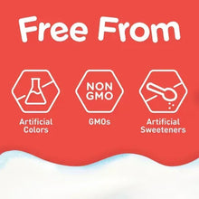 Free-from label with non-GMO and no artificial sweeteners icons on red panel