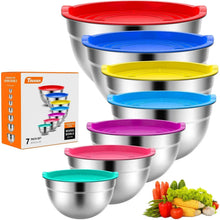 Nesting stainless steel mixing bowls with colorful lids and included product box